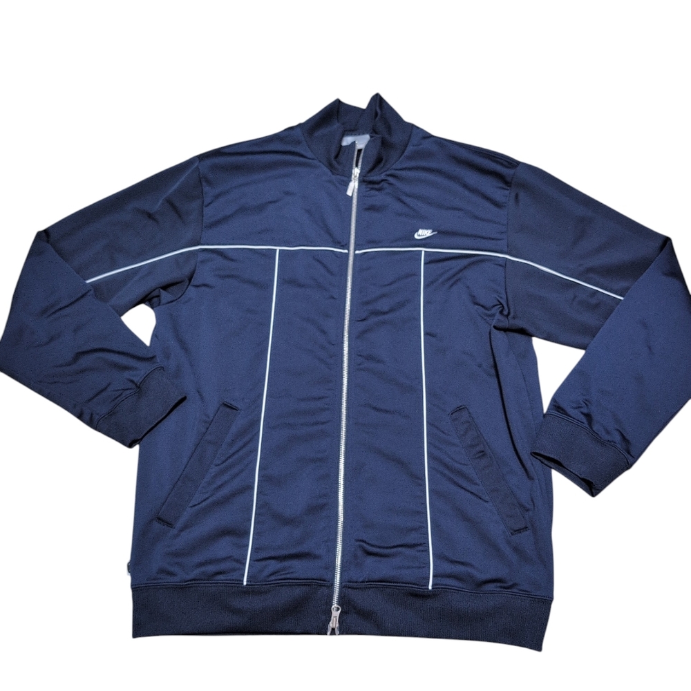 Vintage Y2K Nike Full‎ Zip Athletic Track Jacket Mens L Navy Blue Pinstripe